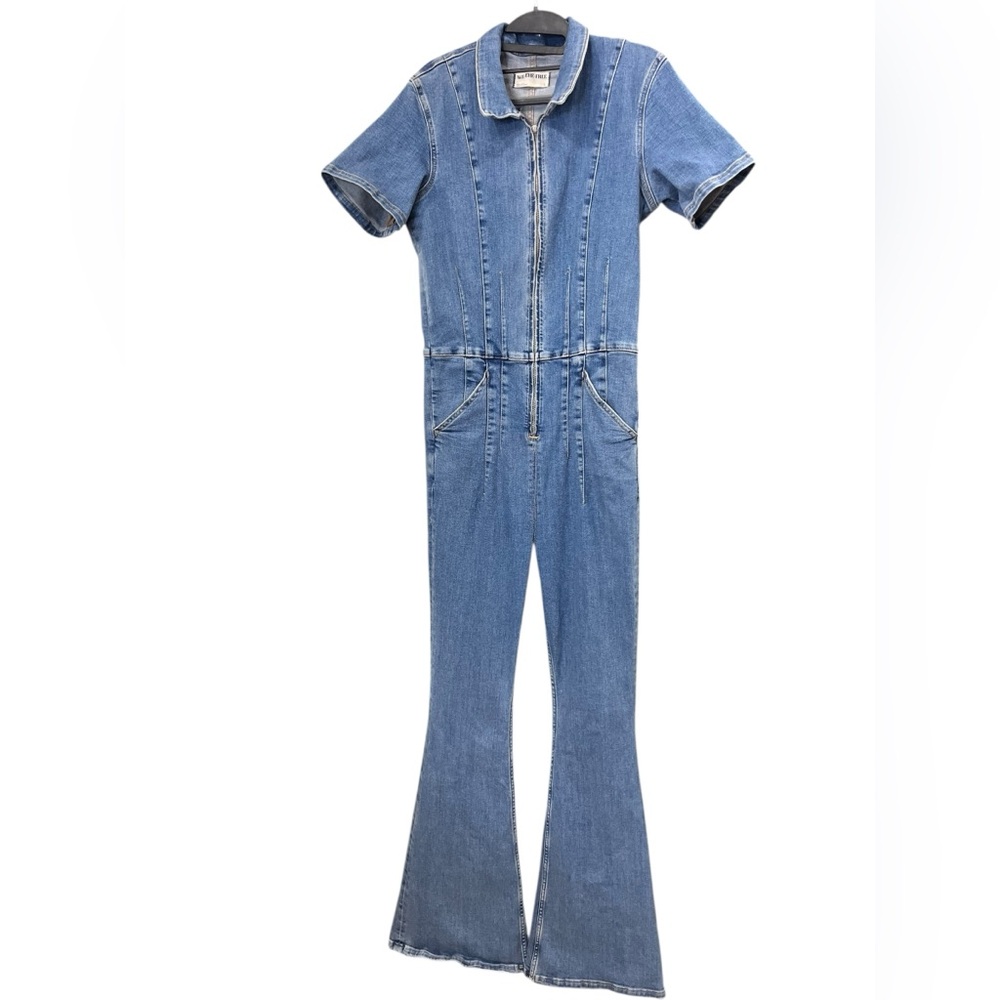 Free People We The Free Denim Zip Front Flare Jumpsuit Blue Large Boho - Picture 7 of 11